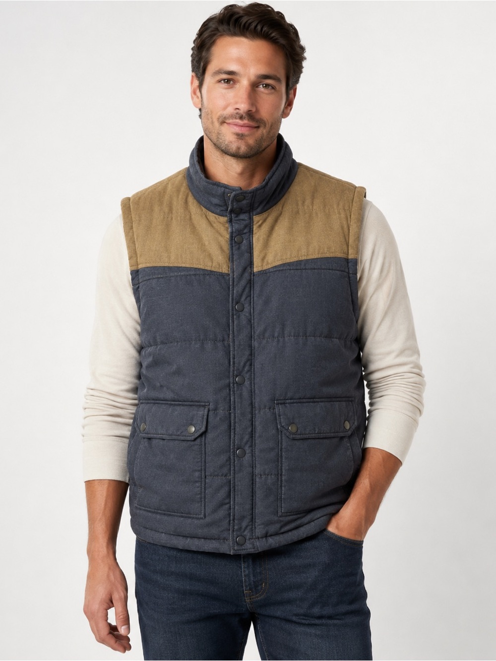 Men's Quilted Sleeveless Vest in Navy with Tan Yoke